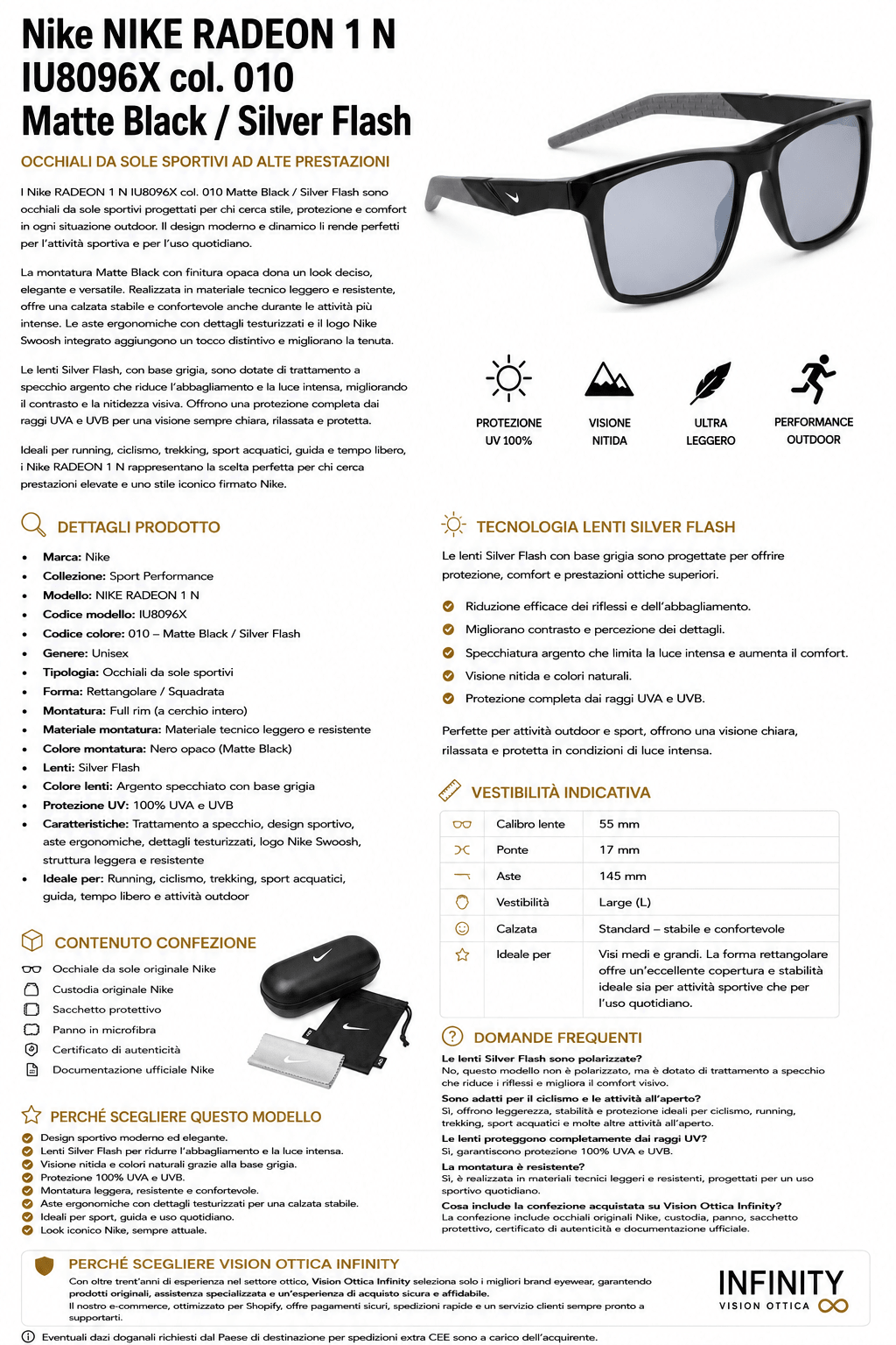 NIKE - Nike Radeon 1 N IU8096X 010 – Occhiali da Sole Sportivi Nero Opaco con Lenti Silver Flash - Occhiali da sole