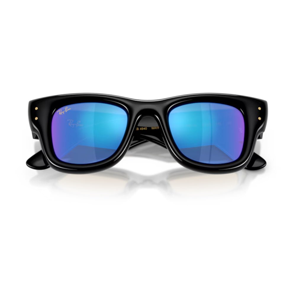 Ray-Ban - Ray-Ban RB4940 Wayfarer Puffer 601/55 – Occhiali da Sole Neri con Lenti Verde Chiaro Specchiate Blu -