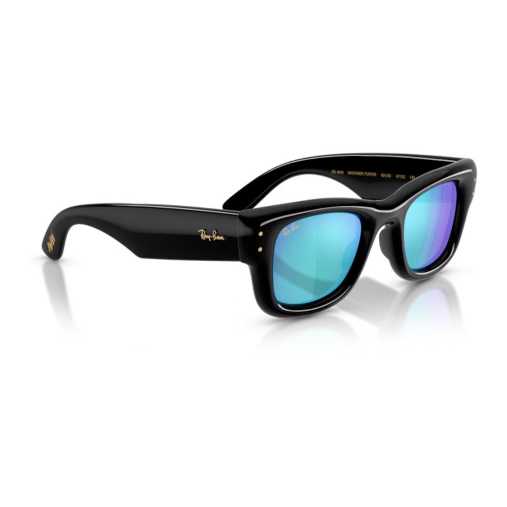 Ray-Ban - Ray-Ban RB4940 Wayfarer Puffer 601/55 – Occhiali da Sole Neri con Lenti Verde Chiaro Specchiate Blu -